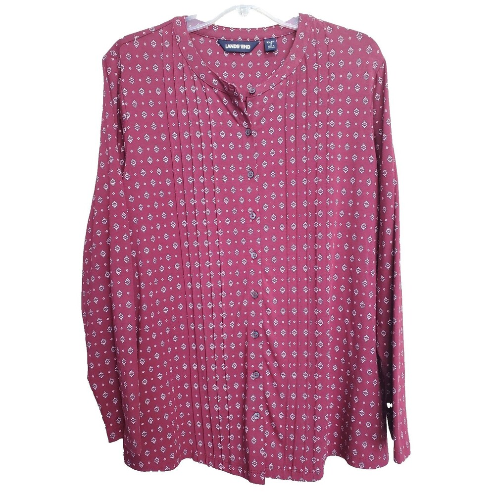 Lands' End Women's Red Geo Print Pintucked Long Slv Knit Button-Up Shirt Sz XLP